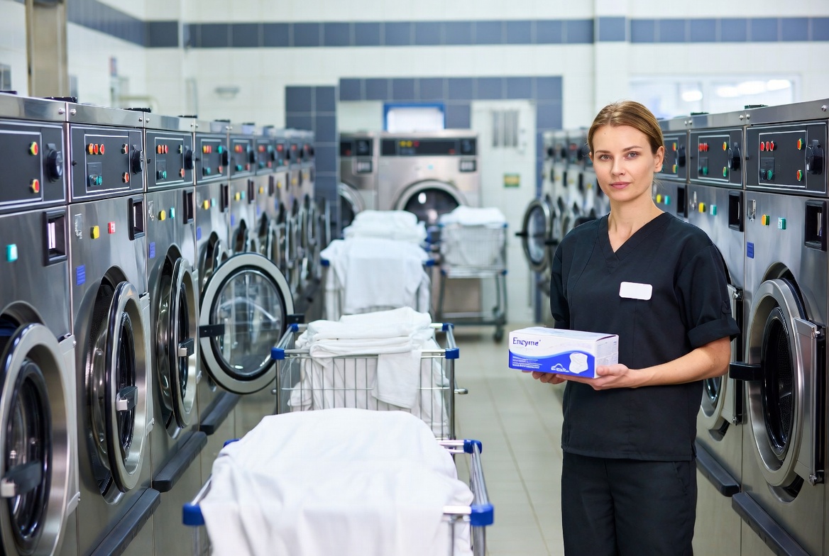 Commercial Laundry Using Enzyme Detergent Sheets